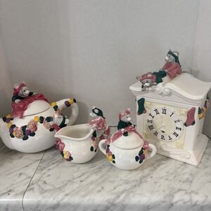 Cat Mouse Christmas 7 Pc Set Tea Pot Creamer Napkin Holder Lids Clock‎ Pink